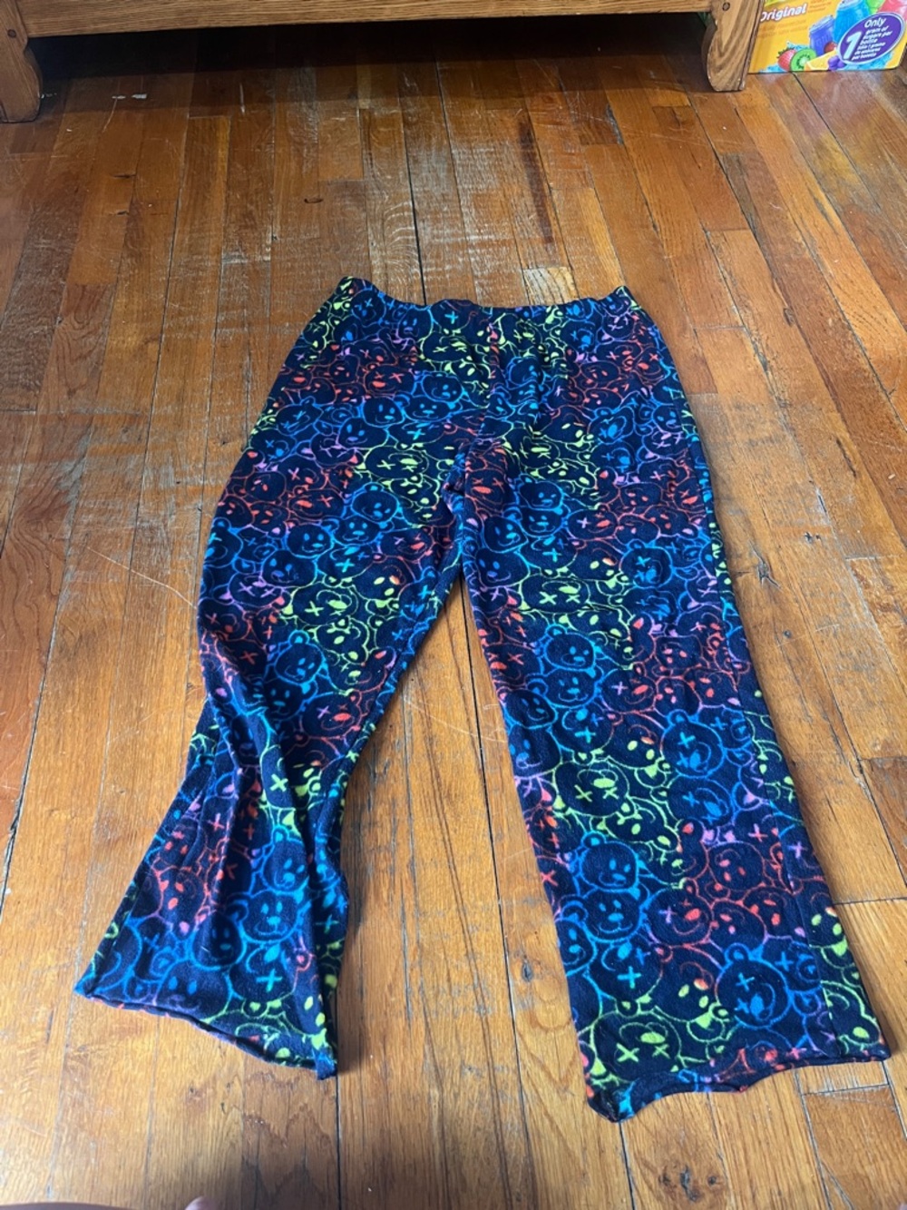 Black Plush Lounge Pants with Neon Smiley Pattern